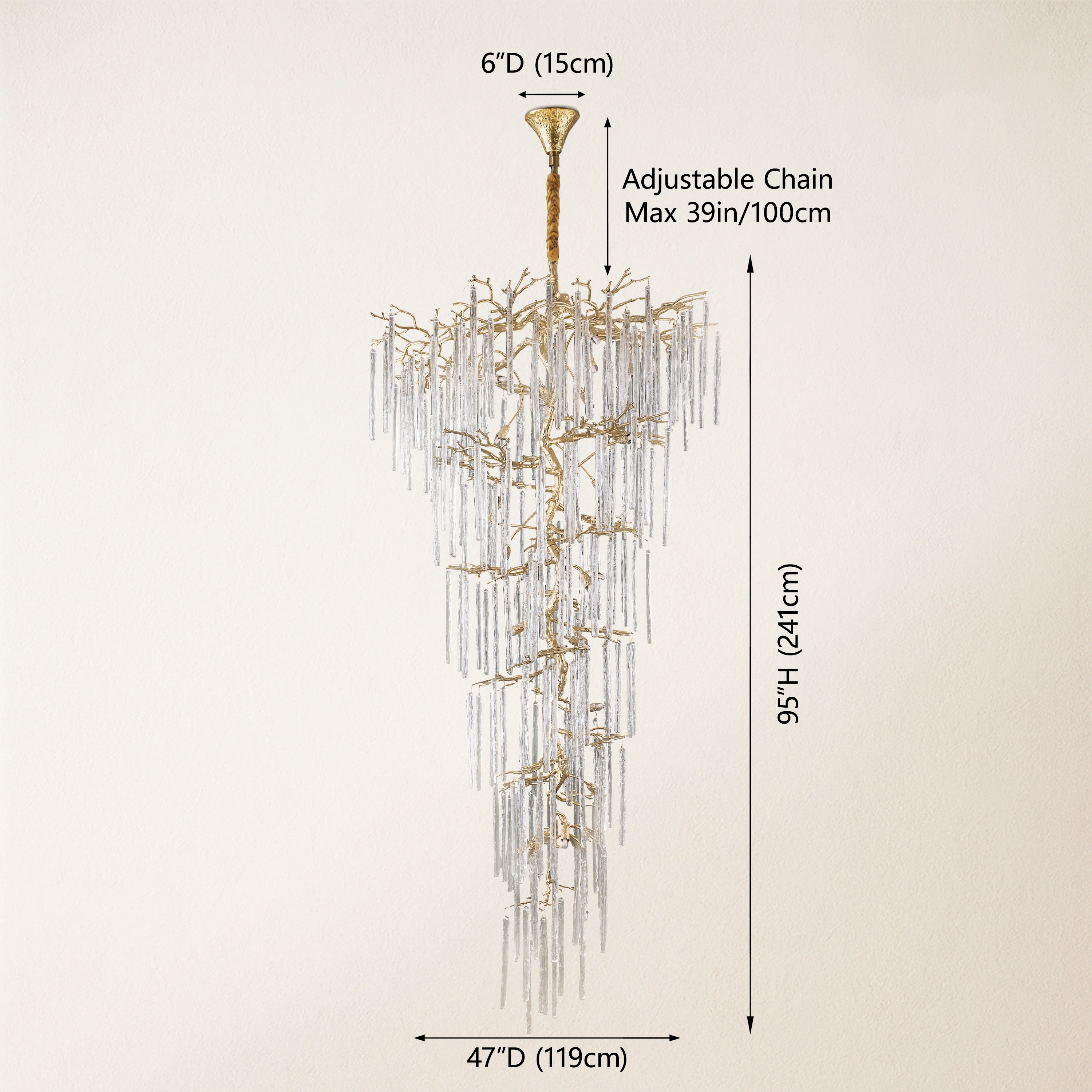 Ice Strip Moderner Treppenkronleuchter mit Kristallbaumzweig, 241,3 cm