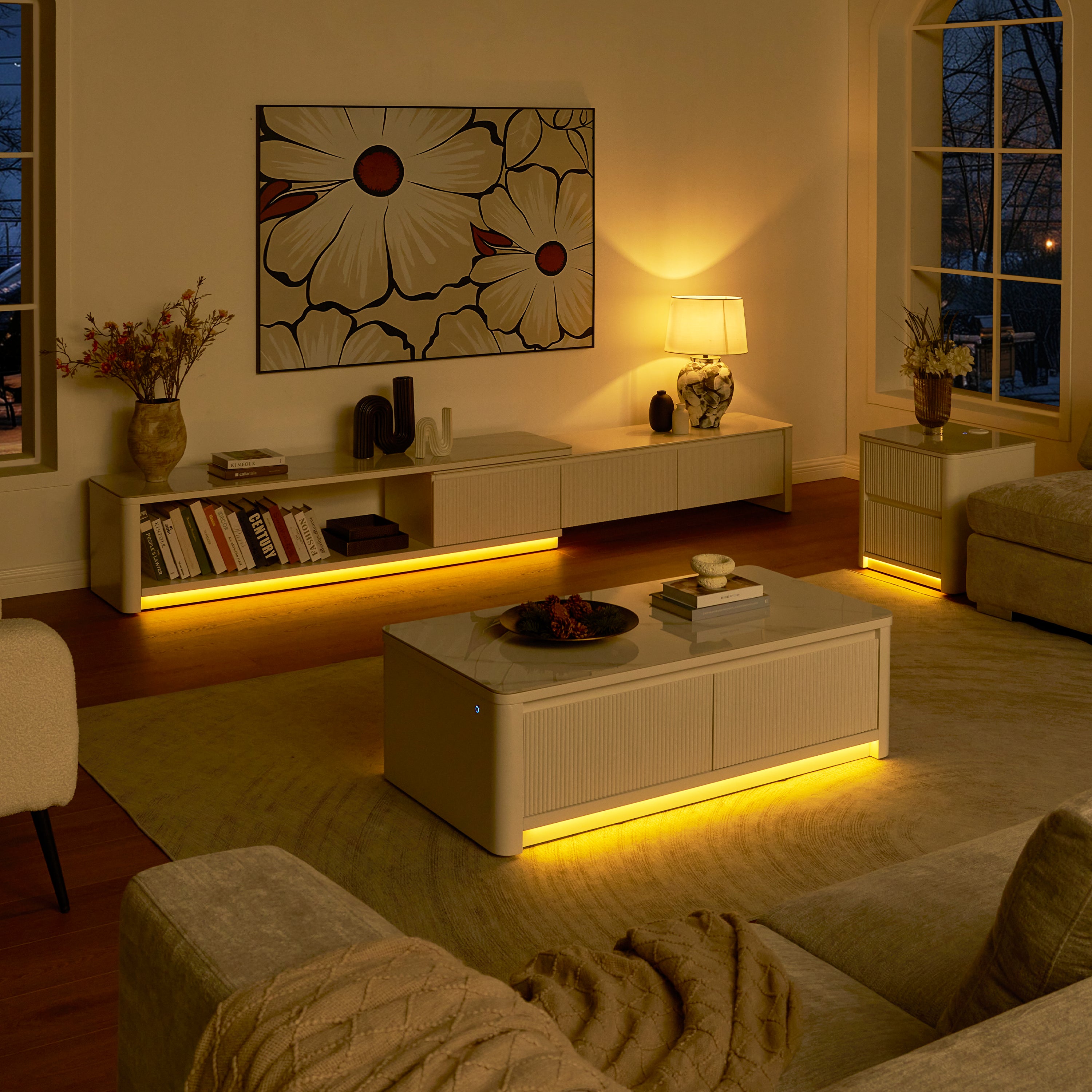 Celia Burnt Stone Media Console And Coffee Table Set