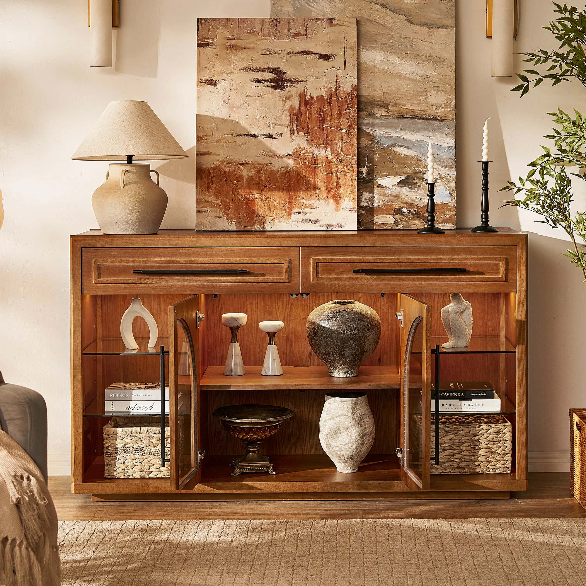 Alvar Oak Arched Glass Sideboard 63"W
