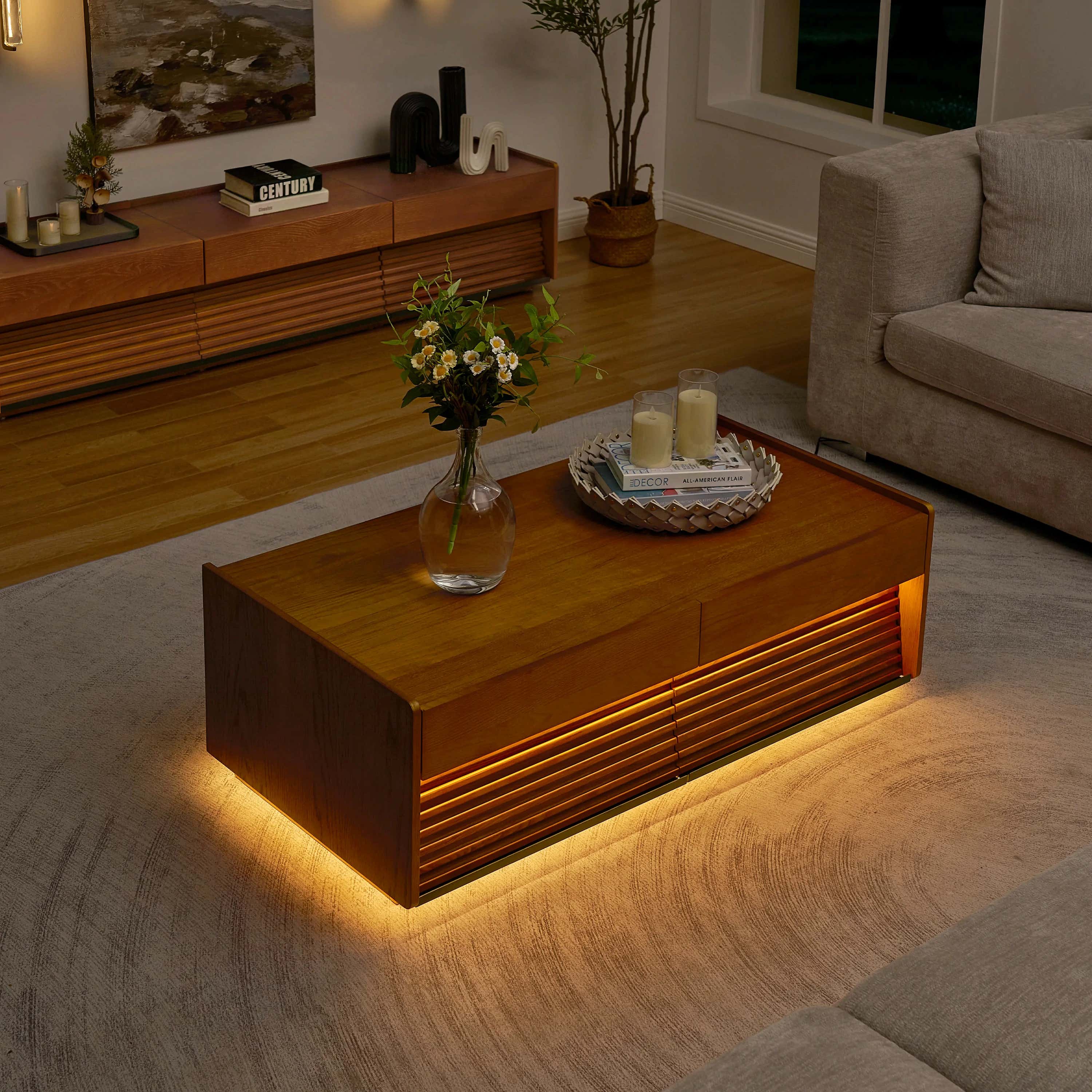Devon Oak Media Console  And Coffee Table Set