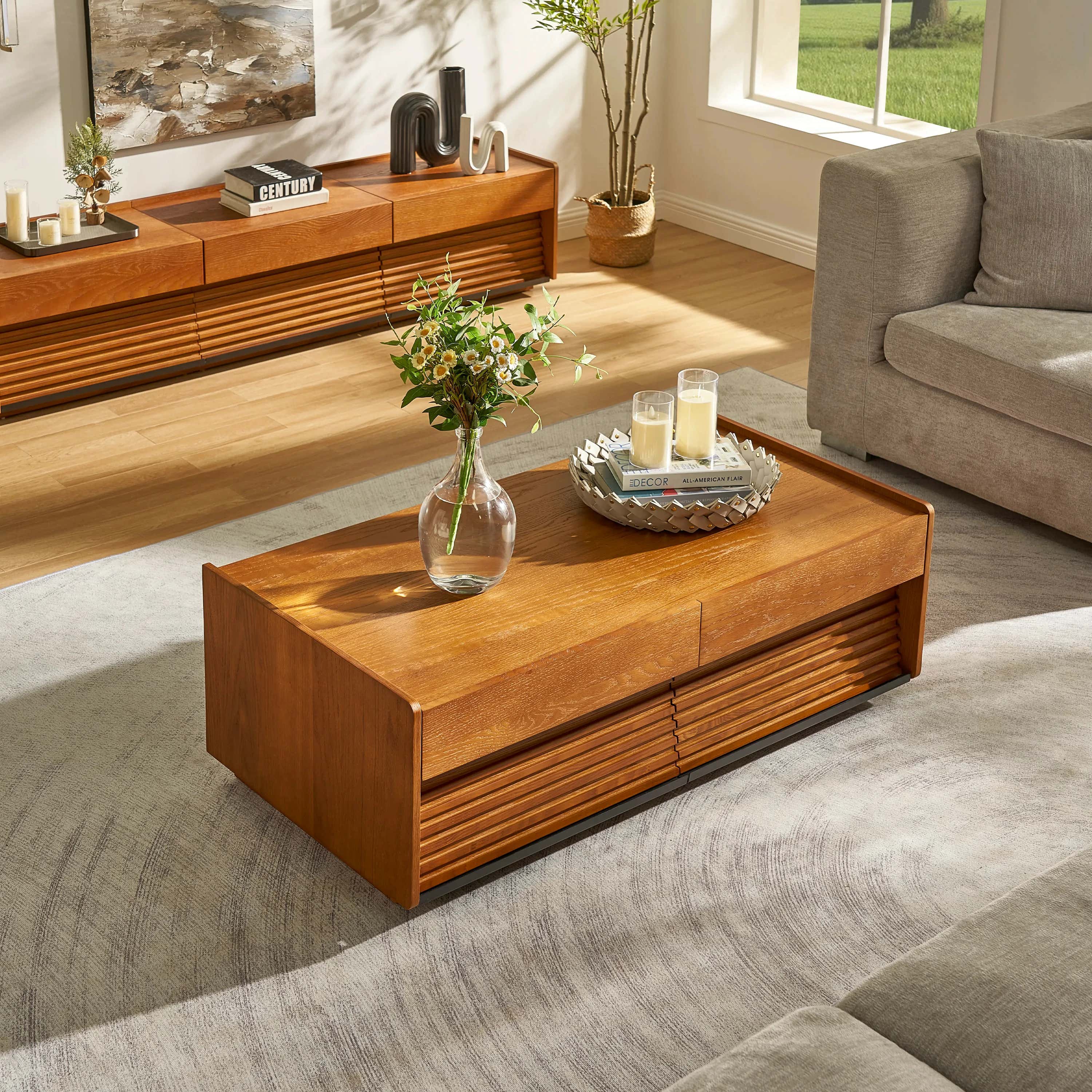 Devon Oak Media Console  And Coffee Table Set