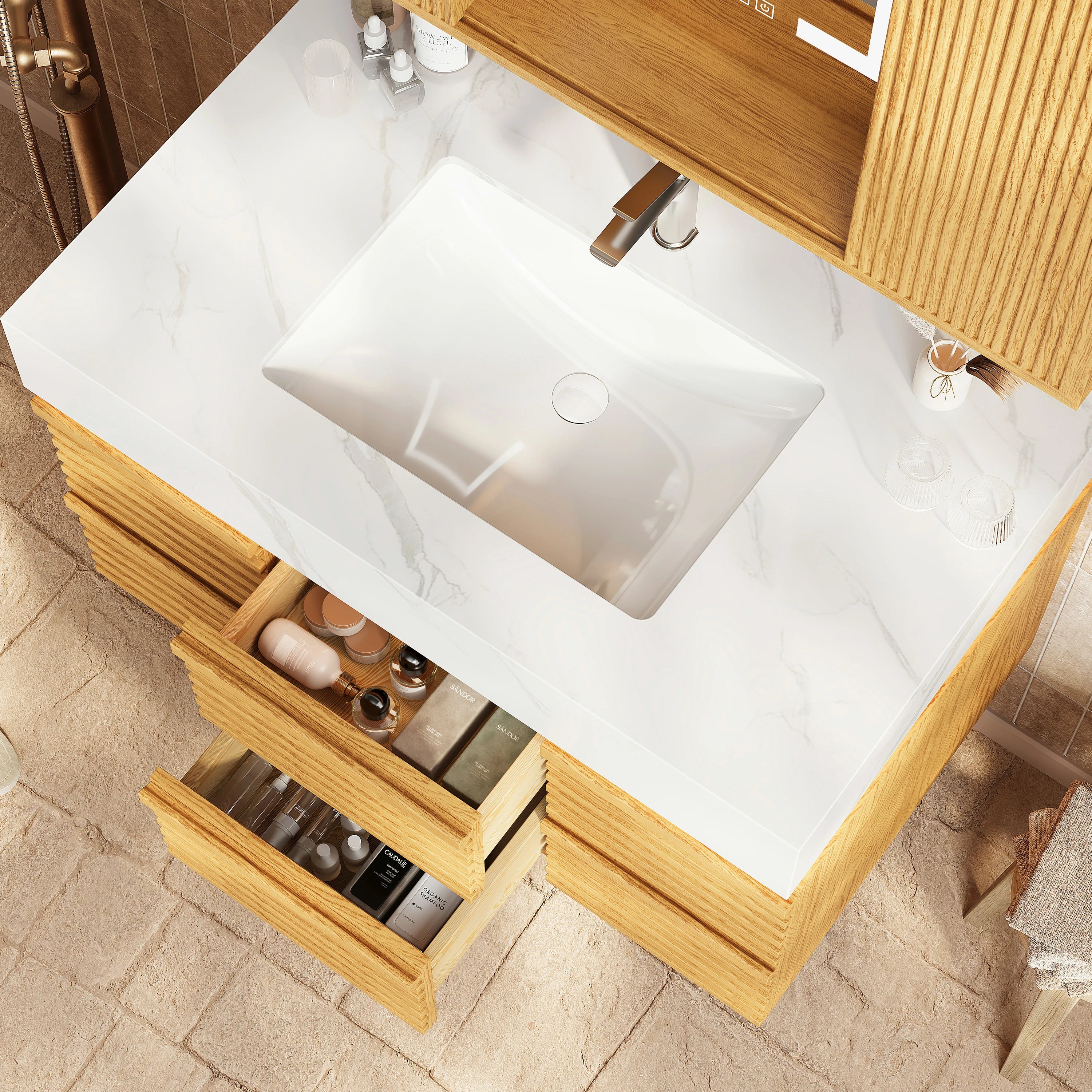 Isla Oak Bathroom Wall Mirror And Vanity Set