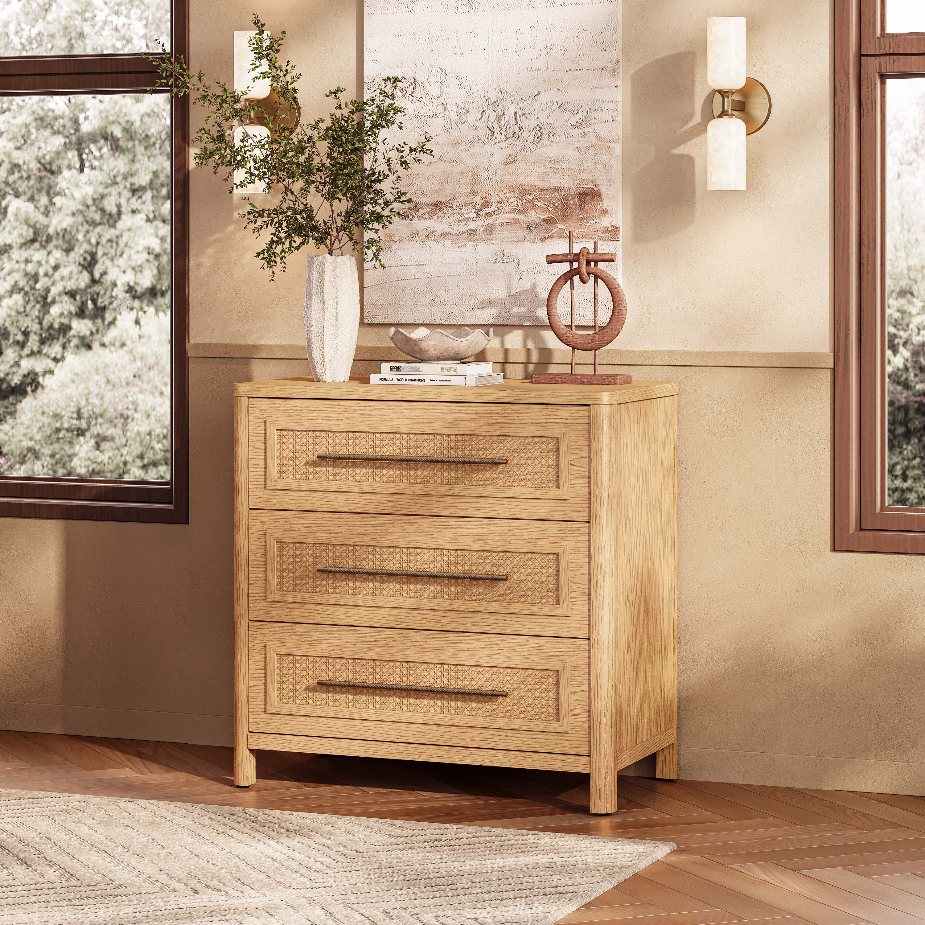 Arden Cane 32" Oak 3-Drawer Chest