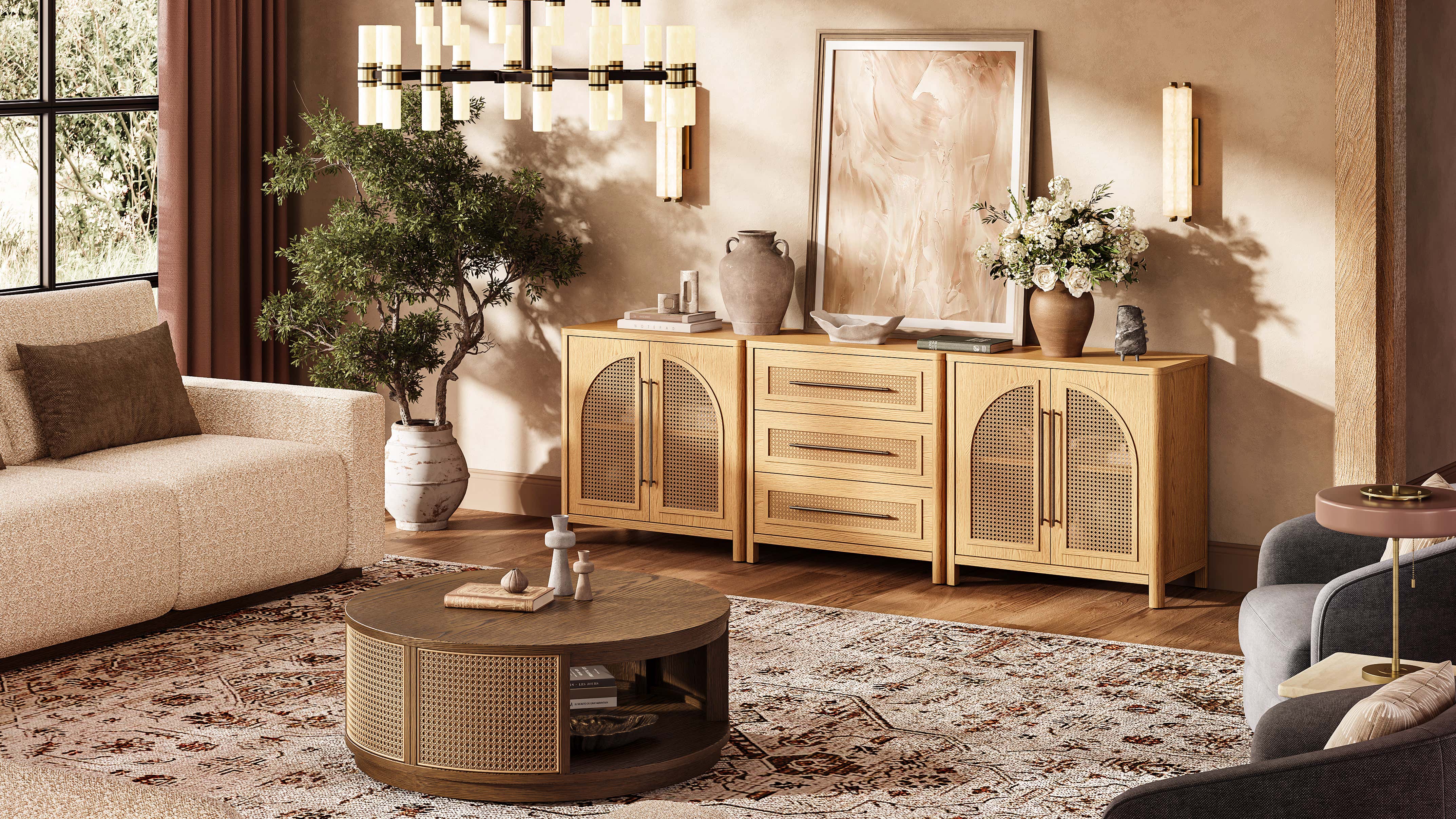 Arden Cane 94.5″ Oak Modular Media Console(Set of 3)