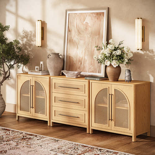 Arden Cane 94.5″ Oak Modular Media Console(Set of 3)