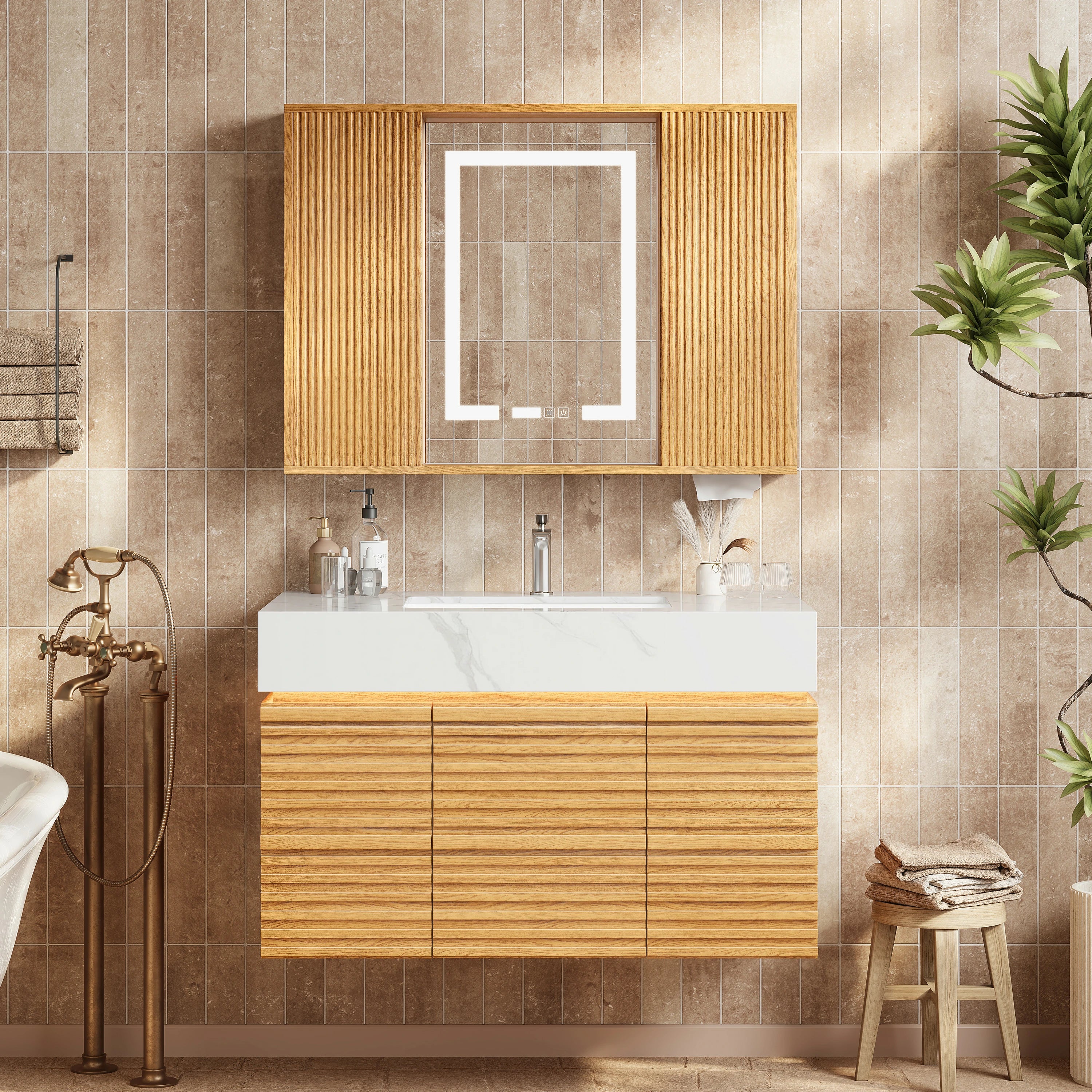 Isla Oak Bathroom Wall Mirror And Vanity Set