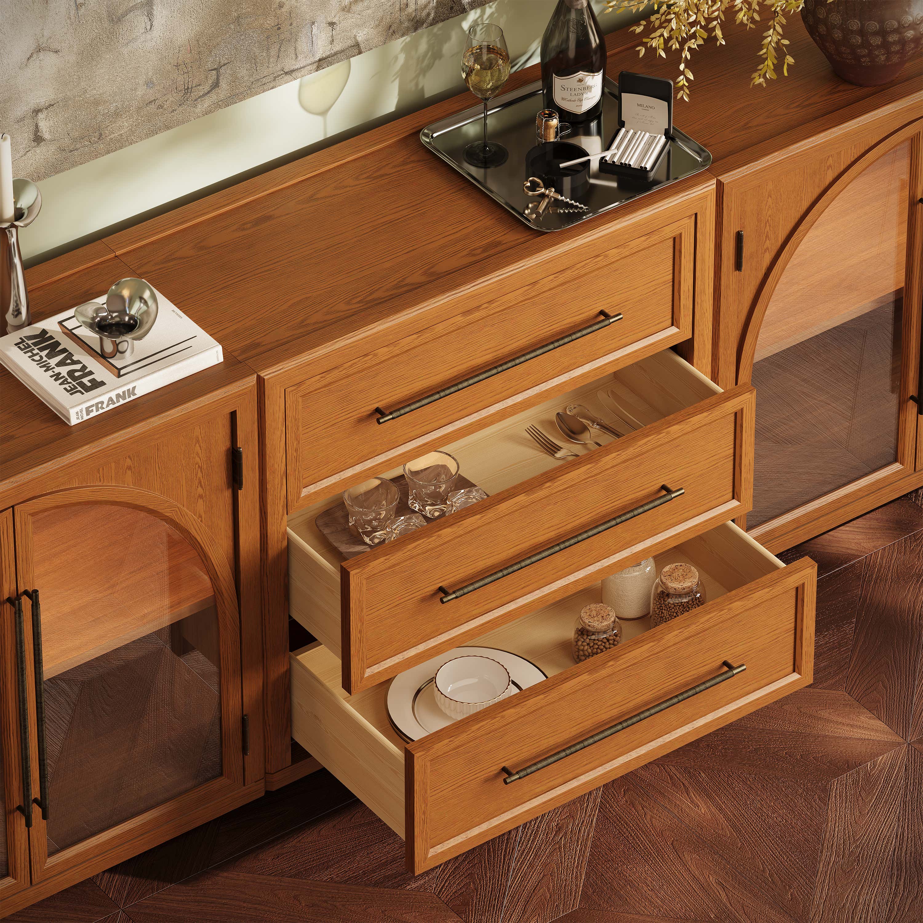 Alvar Arched 94,5″ Modulare Medienkonsole aus Eiche (3er-Set)