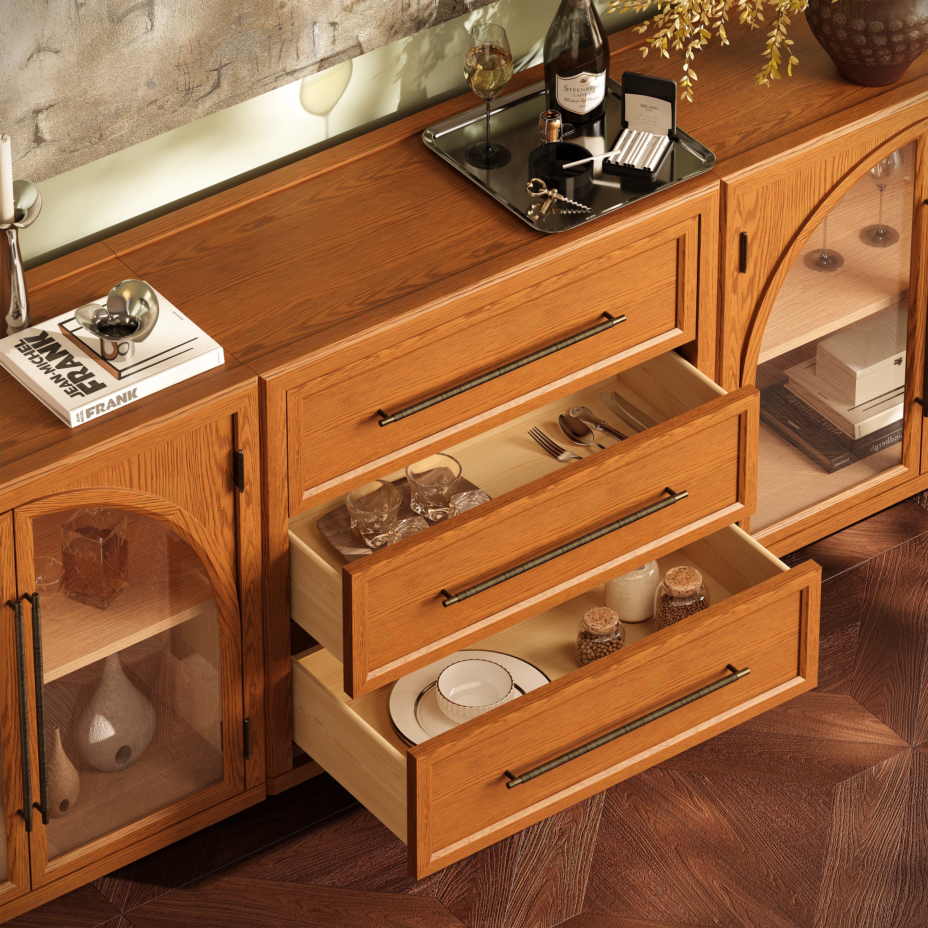 Alvar Arched 94,5″ Modulare Medienkonsole aus Eiche (3er-Set)