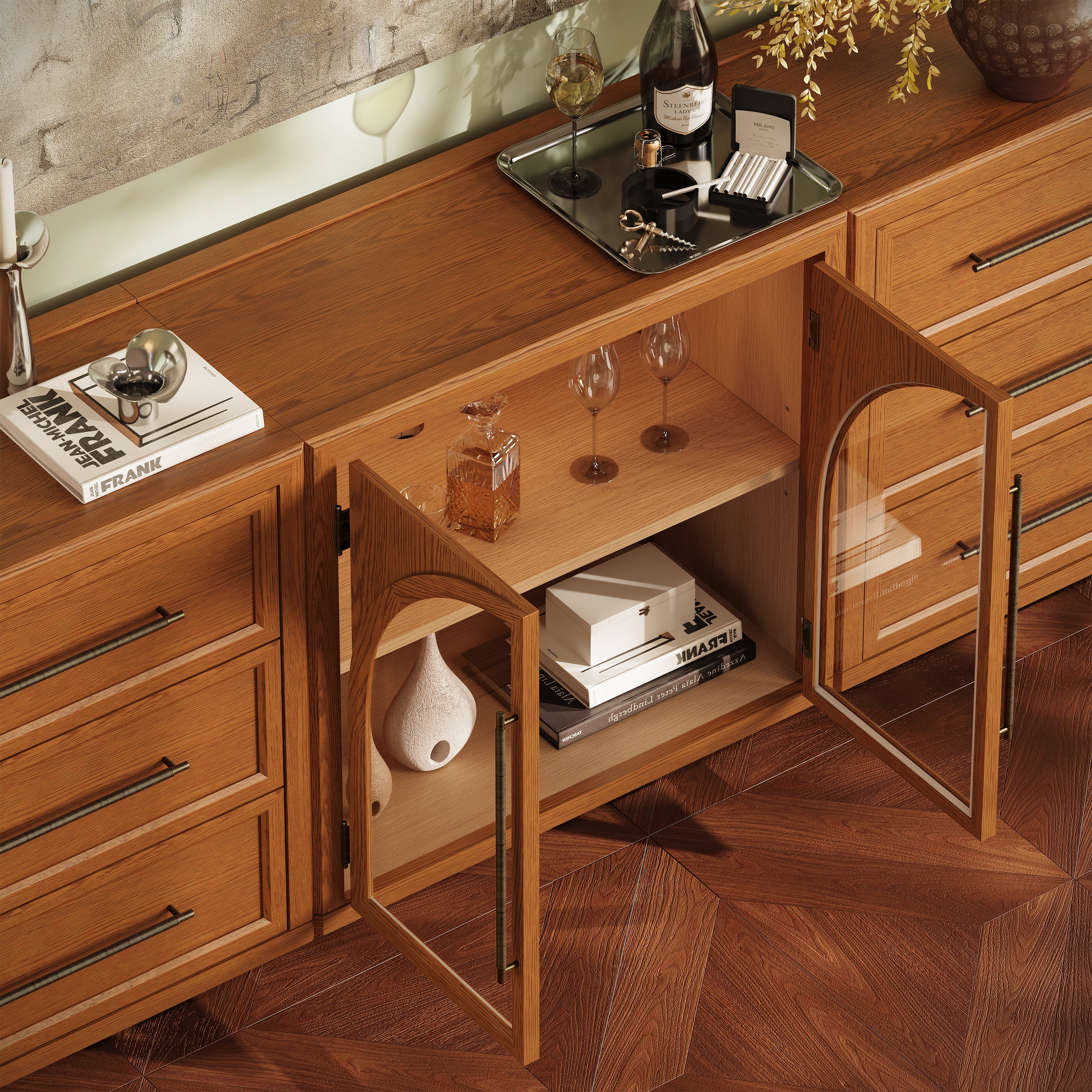 Alvar Arched 94,5″ Modulare Medienkonsole aus Eiche (3er-Set)