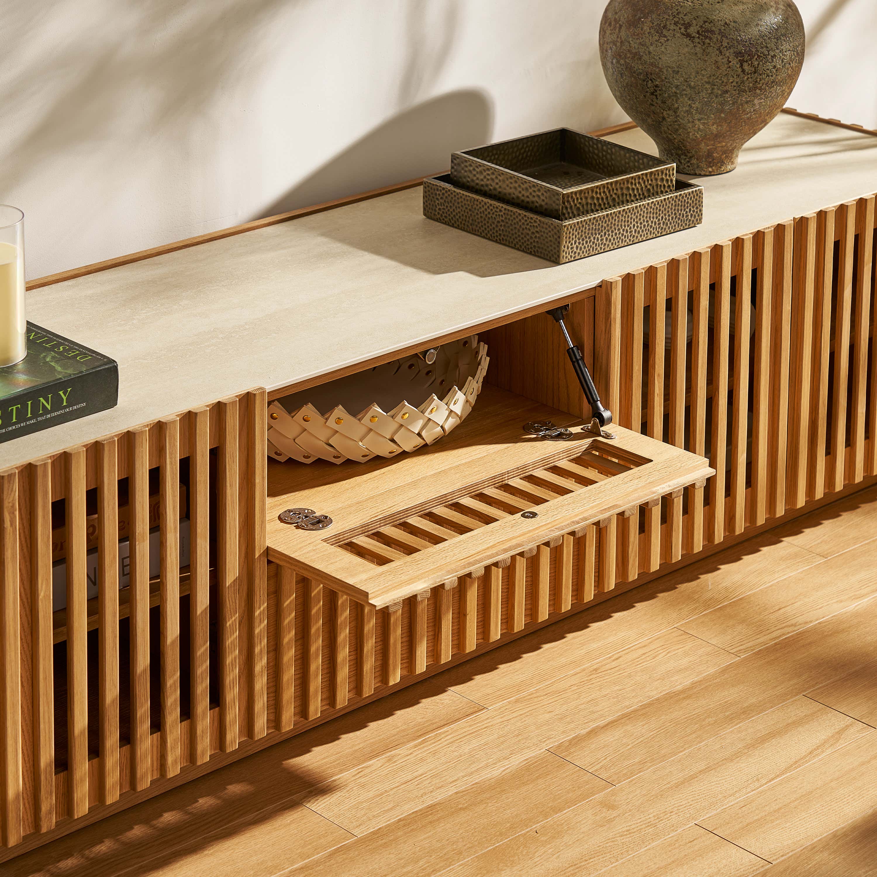 Isla Oak Sintered Stone Media Console And Coffee Table Set