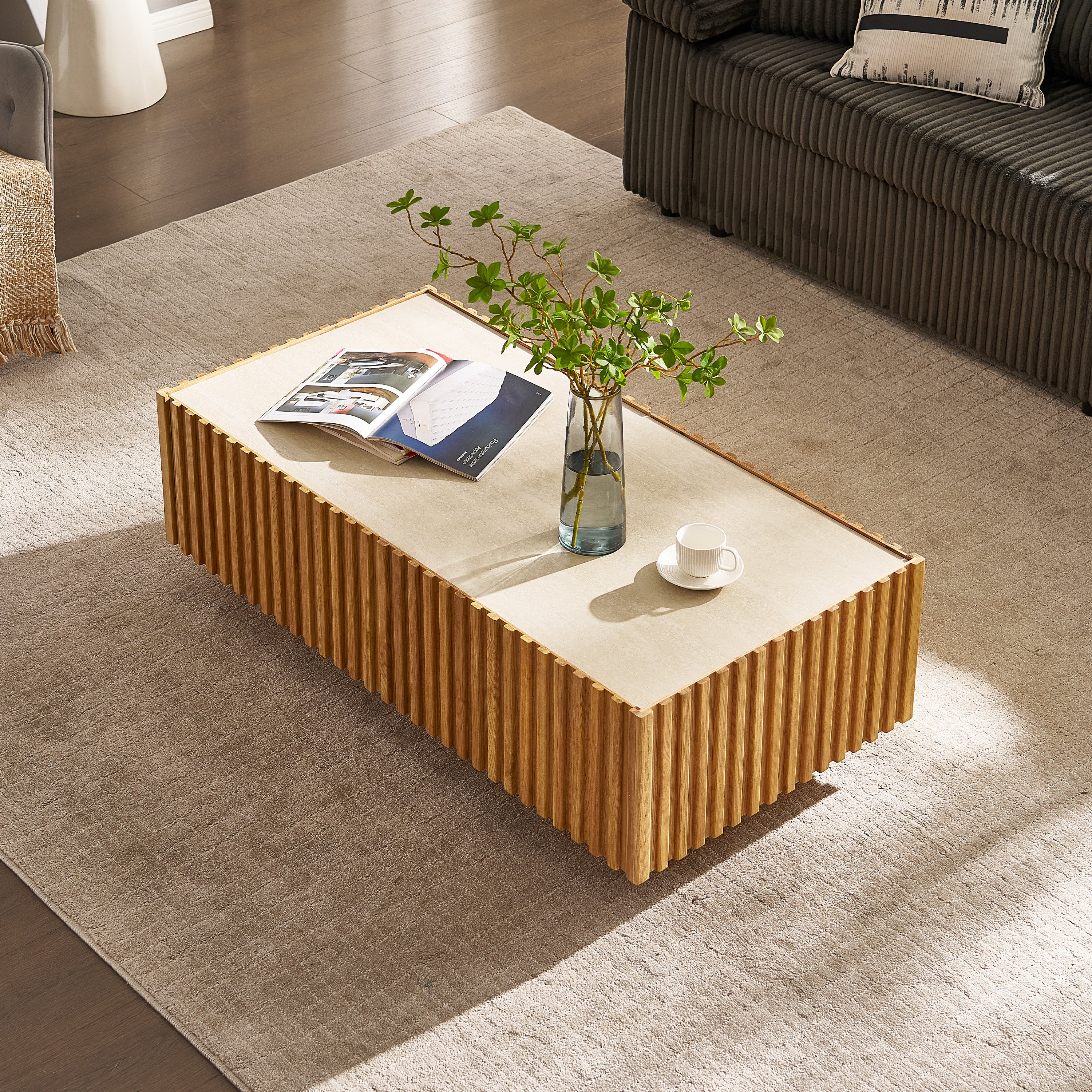 Isla Oak Sintered Stone Media Console And Coffee Table Set