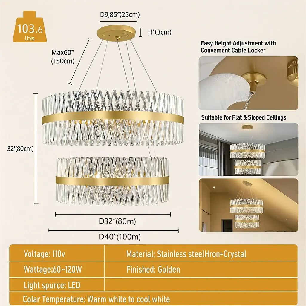 Vetro Prism Crystal 2-Tier Round Chandelier 40"D+32"D