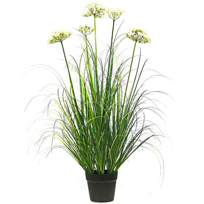 Künstliche 5-köpfige Spitzenblume mit gebogenem Zwiebelgras-Bonsai, 17 cm hoch