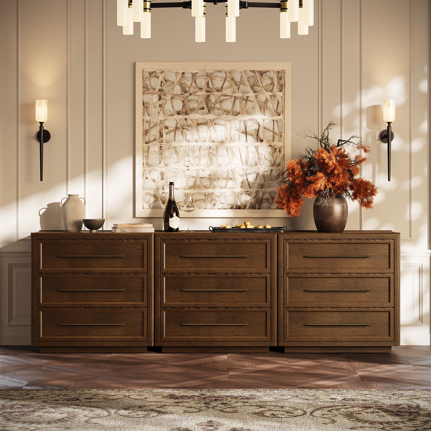 Alvar 94,5″ Eichenkommode mit 9 Schubladen (3er-Set)