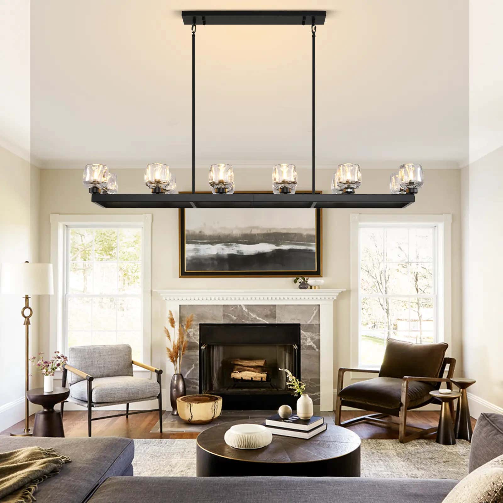 Vellum Rectangular Chandelier 68"W#Finish_Black