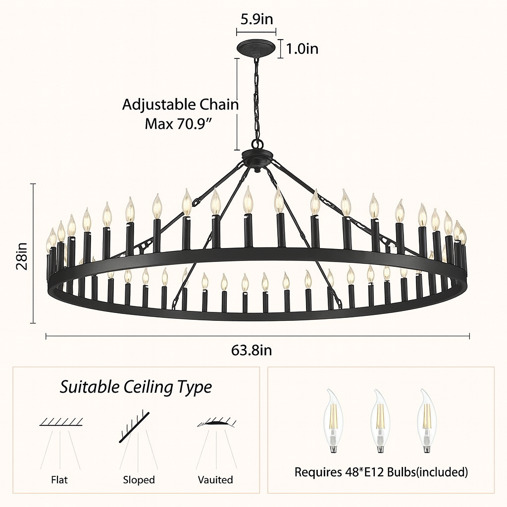Runder Kronleuchter mit Wagenradkerze, 163 cm